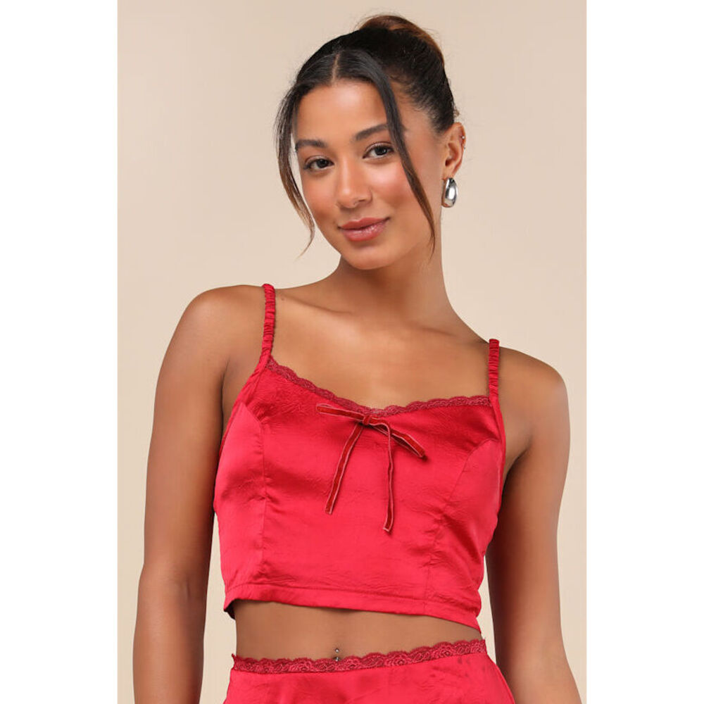 Lulus Flawless Impression Red Satin Cami Crop Top - Size M